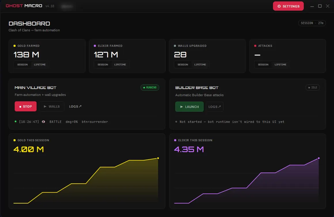 GhostMacro dashboard during a live Clash of Clans farming session, gold and elixir charts rising